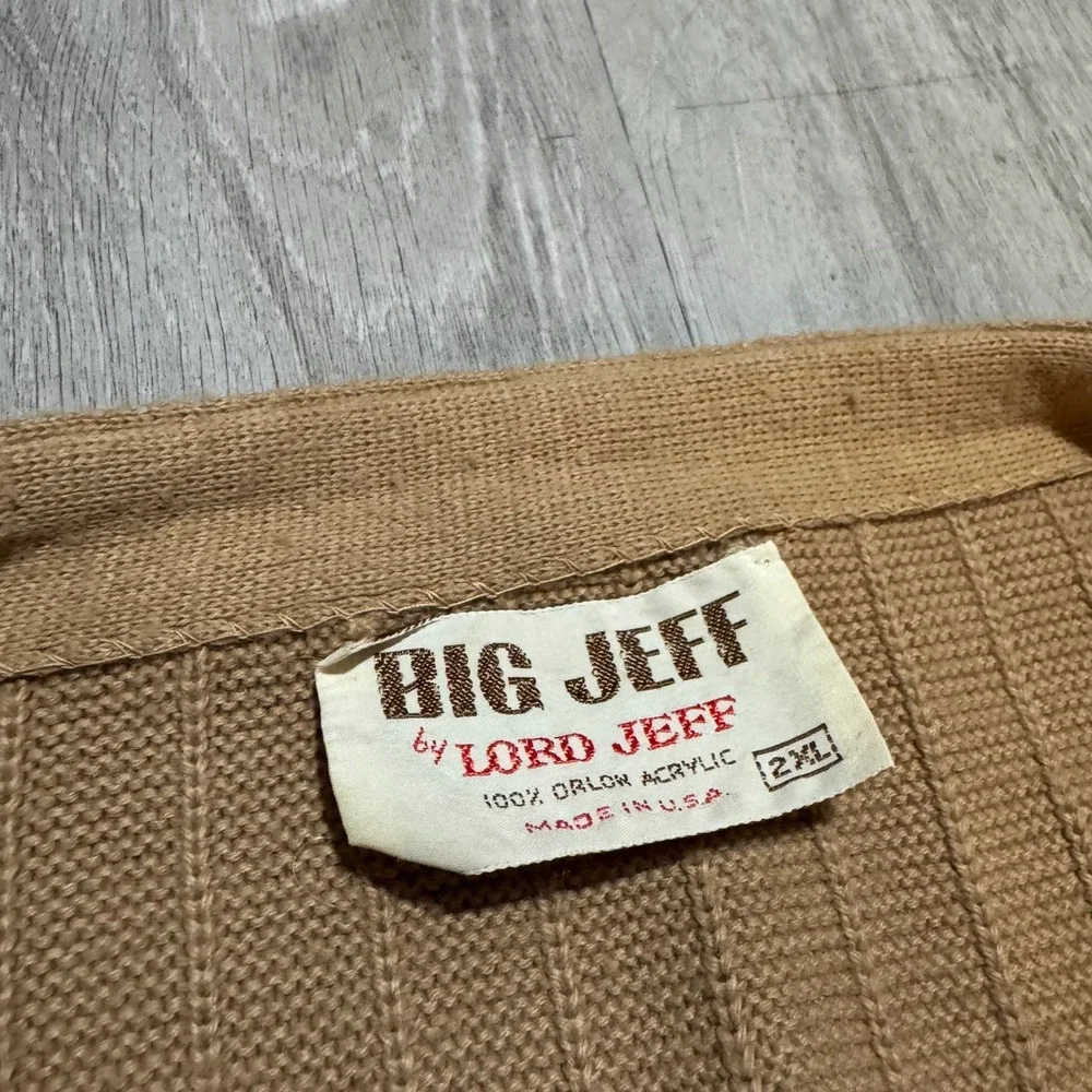 Vintage Big Jeff Lord Jeff Tan Ribbed Cardigan Sweater Mens 2XL Made USA Orlon